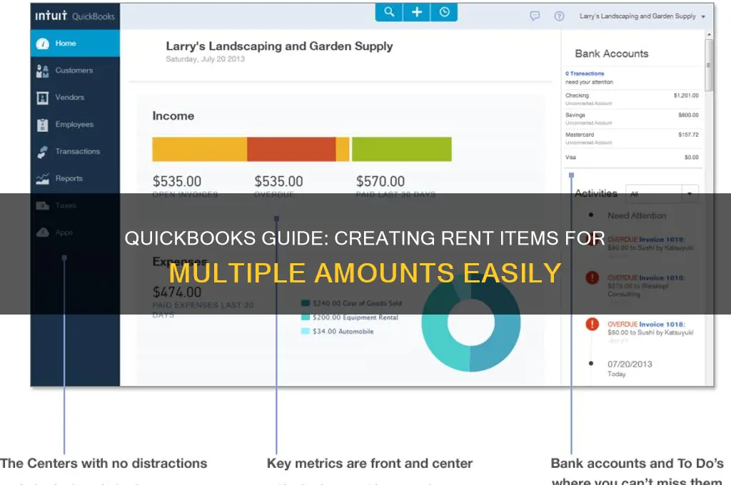 how to create rent item for multiple amounts in quickbooks