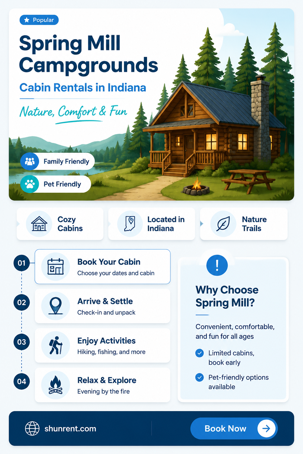 are there cabins to rent at spring mill campgrounds indiana